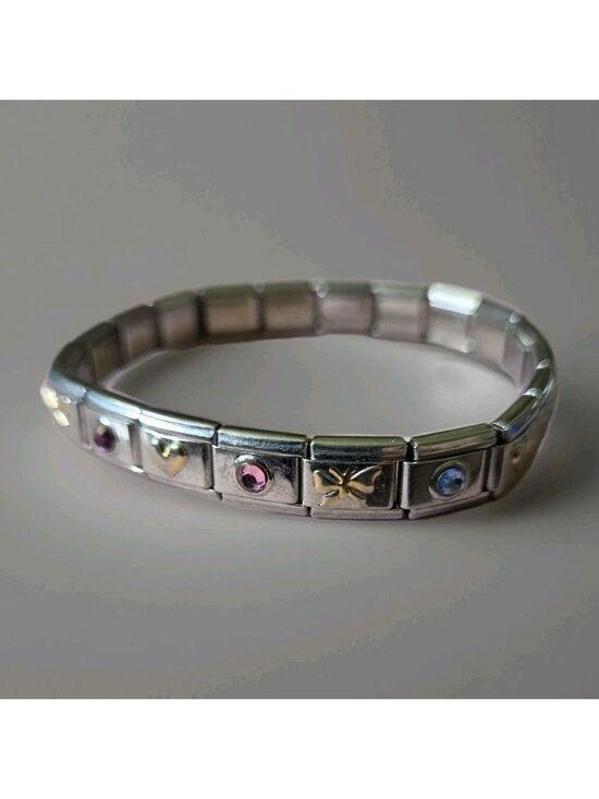 Unbranded Jewelry - Vintage Stainless Steel Italian Charm Bracelet Rhinestone Heart Butterfly Y2K
